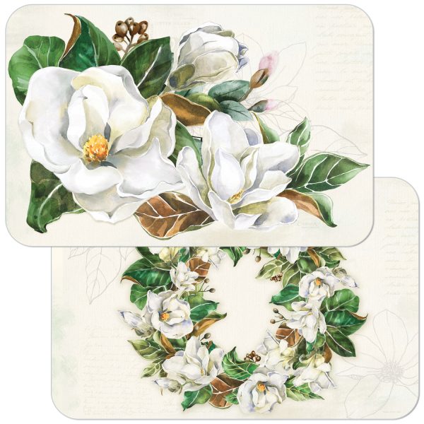 ! - Floral 4 Reversible Plastic Placemats Magnolia Wreath ! - Floral 4 Reversible Plastic Placemats Magnolia Wreath